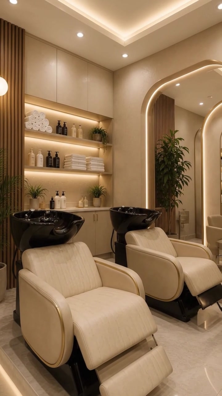Warmly lit styling stations inside a salon