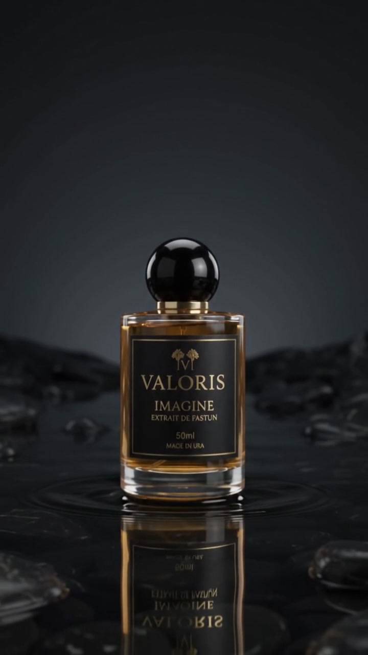 VALORIS fragrance bottle in a dark studio setting